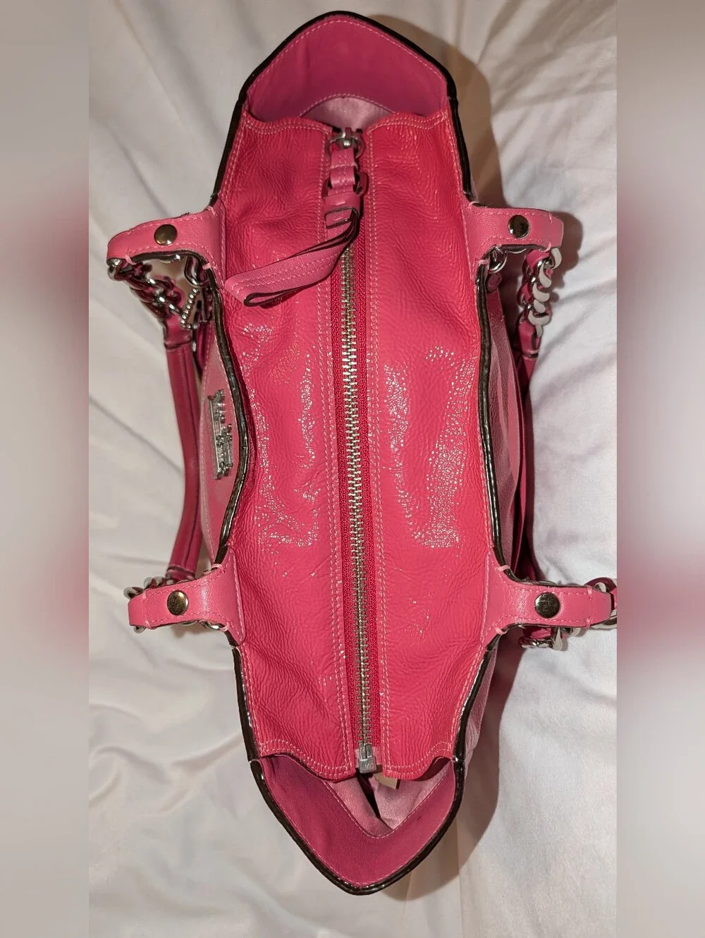 Coach Madison Tribeca Patent Leather Tote Bag Chain Strap Pink Silver VGUC - Picture 12 of 14